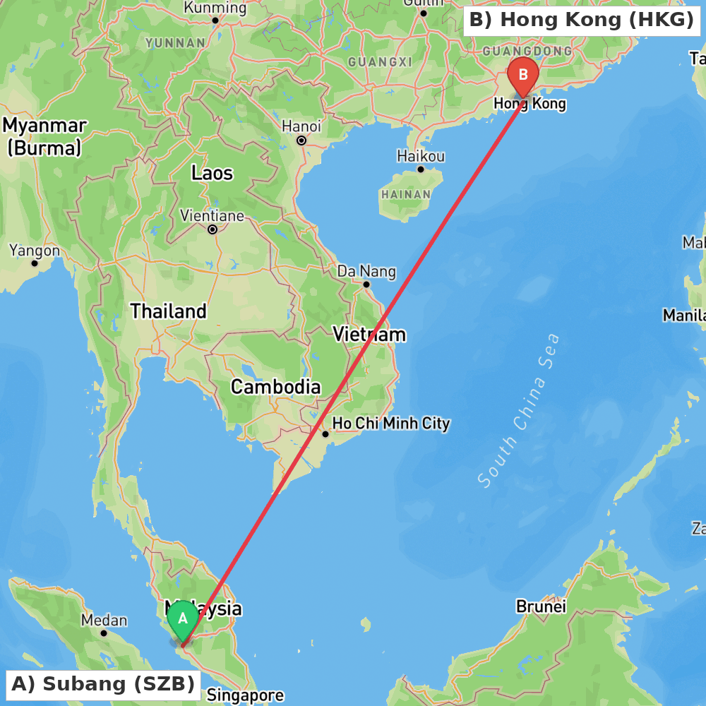 Flight route map from Subang to Hong Kong