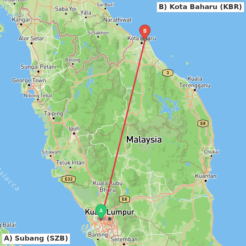 Flight route map from Subang to Kota Baharu