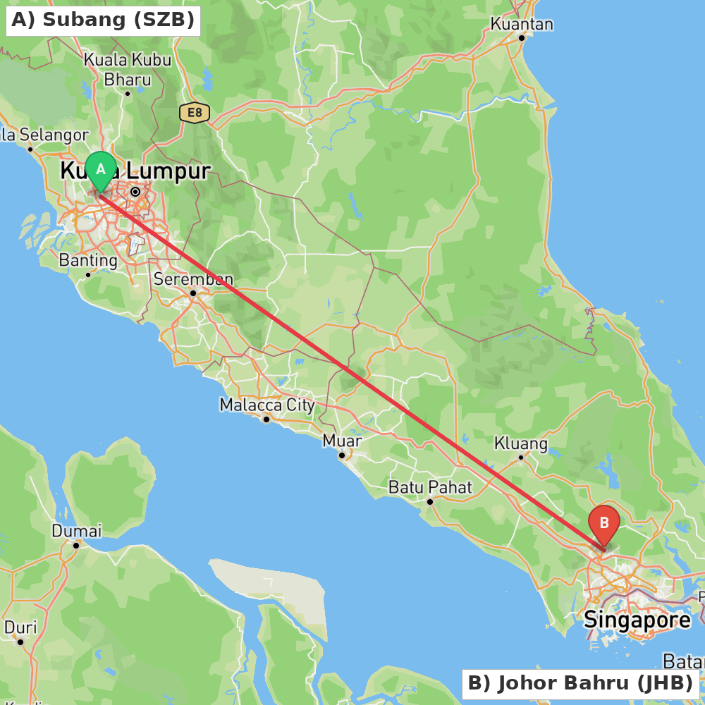 Flight route map from Subang to Johor Bahru