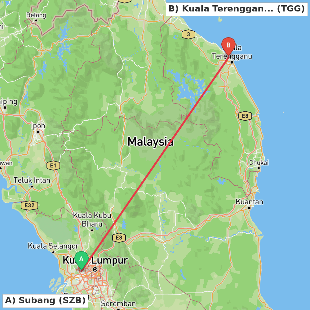 Flight route map from Subang to Kuala Terengganu