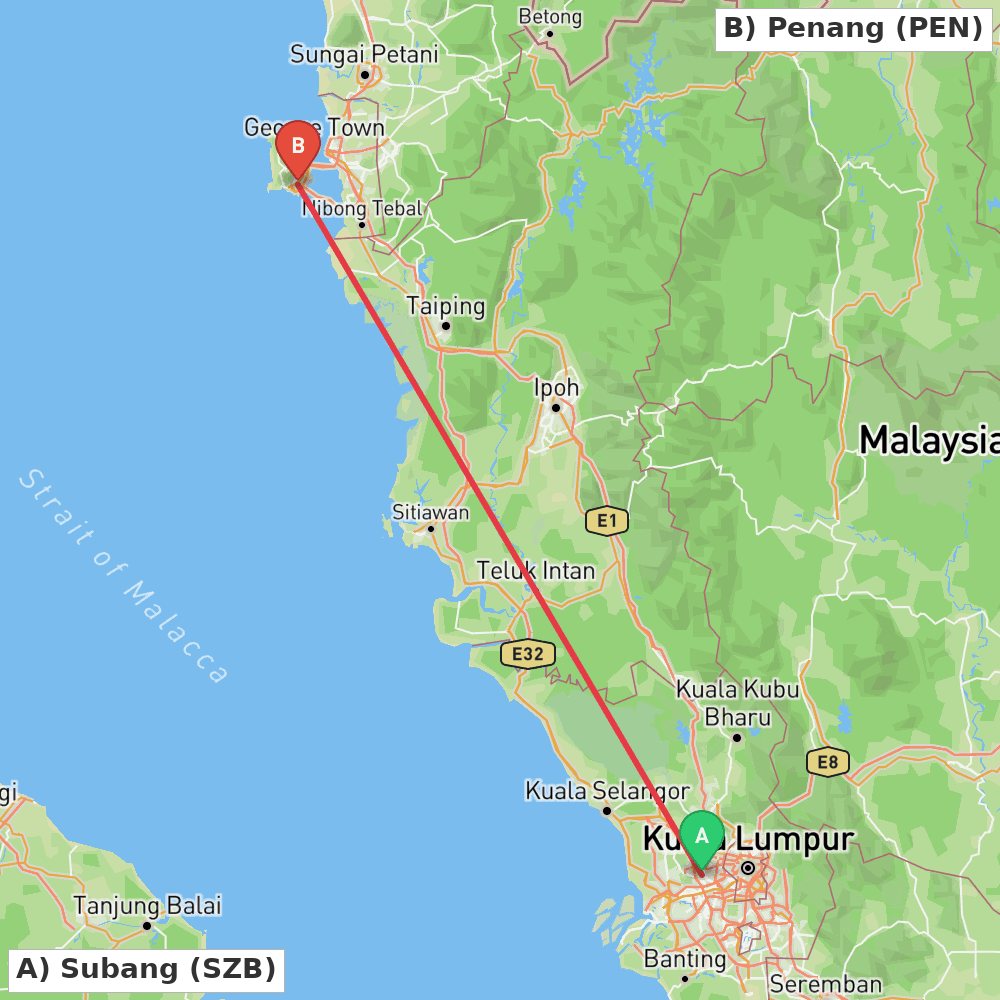 Flight route map from Subang to Penang