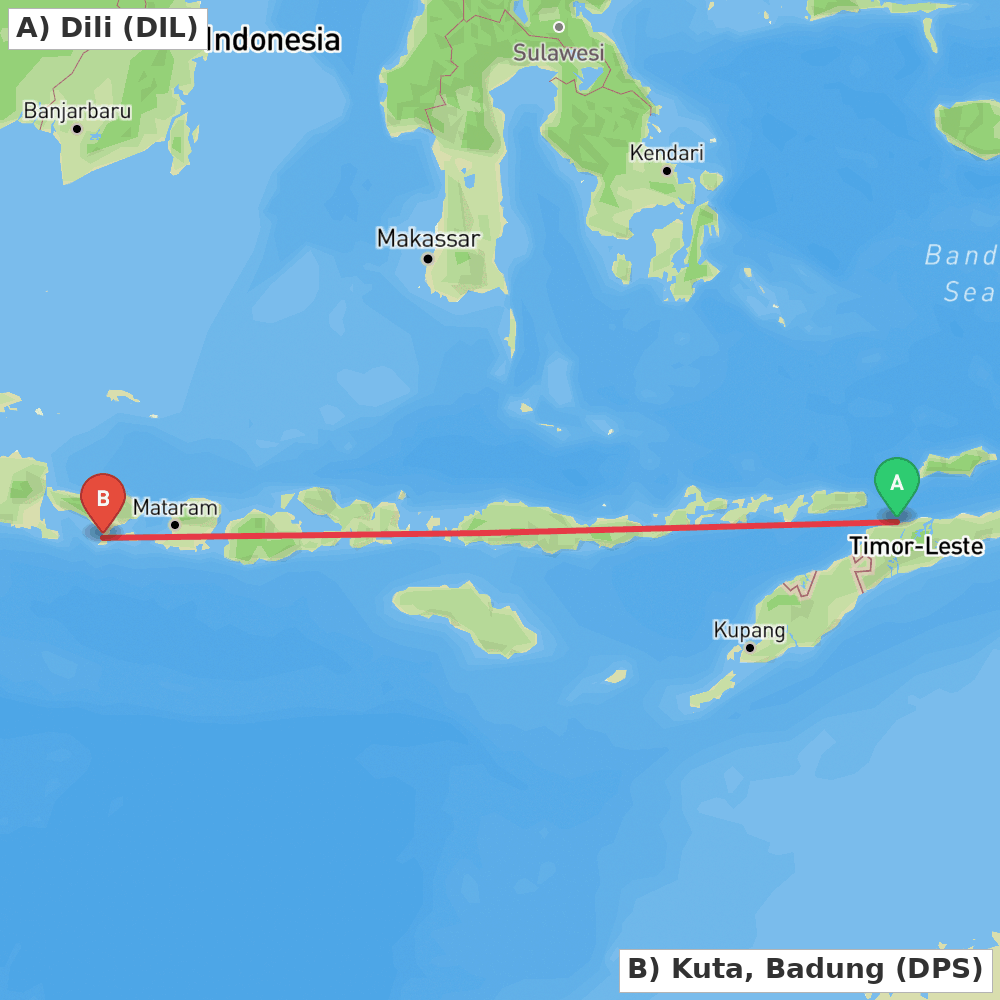 Flight route map from Dili to Kuta, Badung
