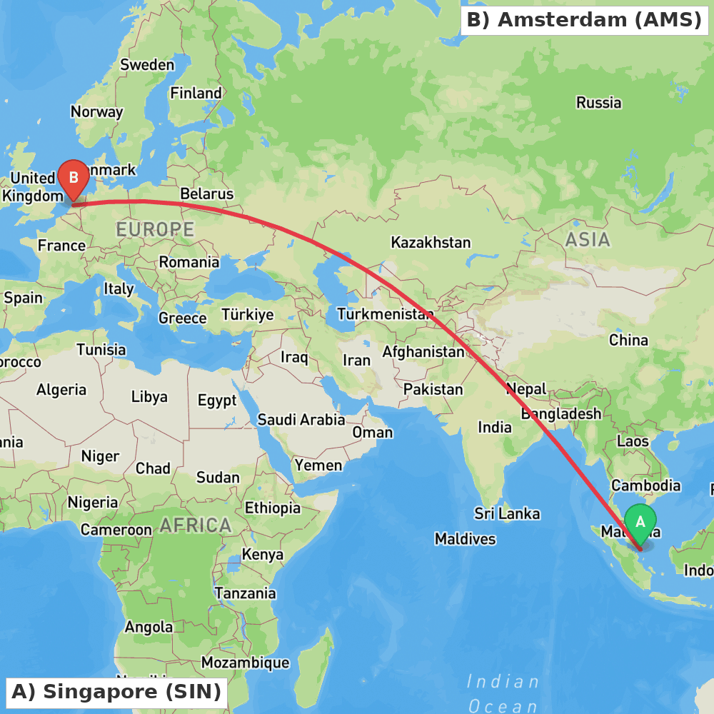 Flight route map from Singapore to Amsterdam