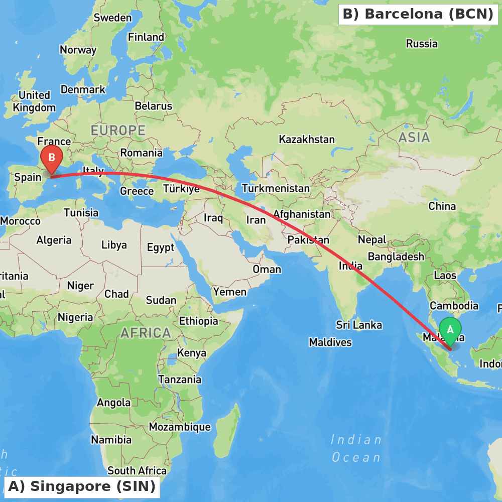 Flight route map from Singapore to Barcelona