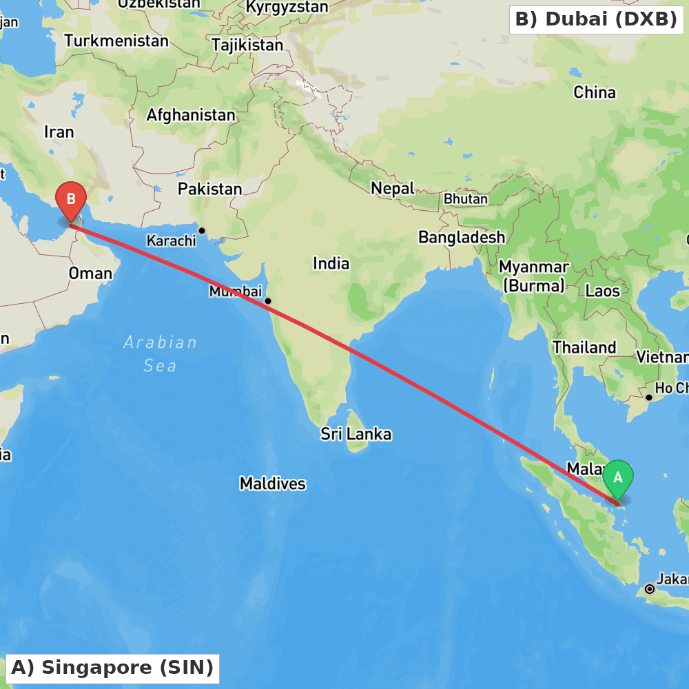 Flight route map from Singapore to Dubai