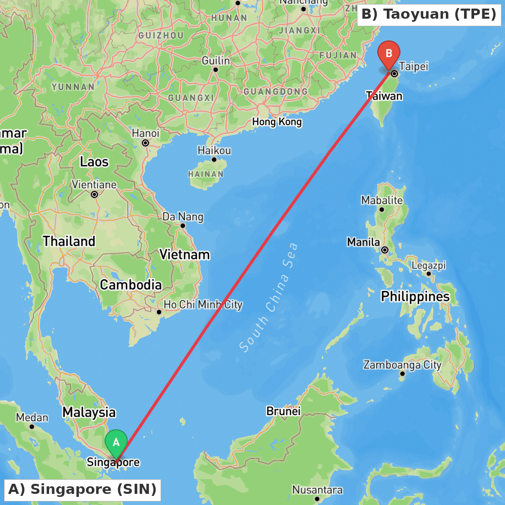 Flight route map from Singapore to Taoyuan