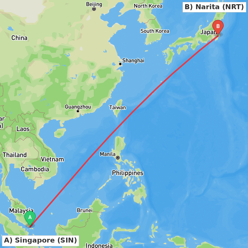 Flight route map from Singapore to Narita