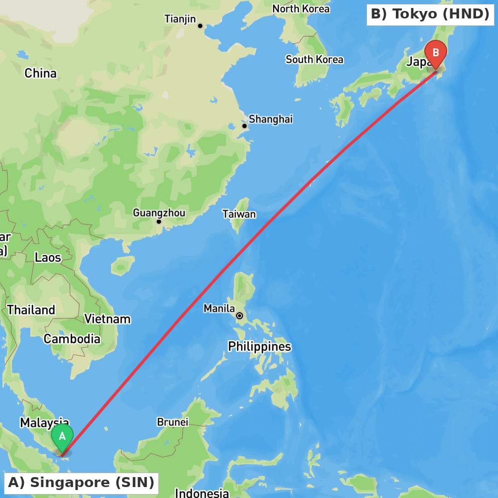 Flight route map from Singapore to Tokyo