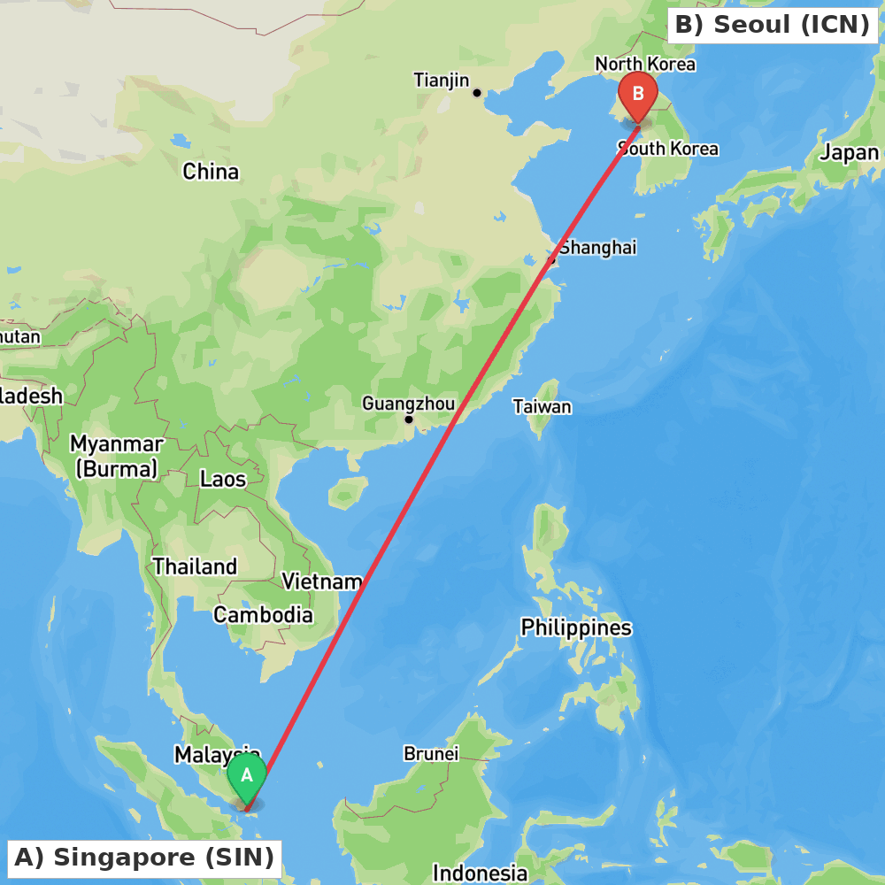 Flight route map from Singapore to Seoul