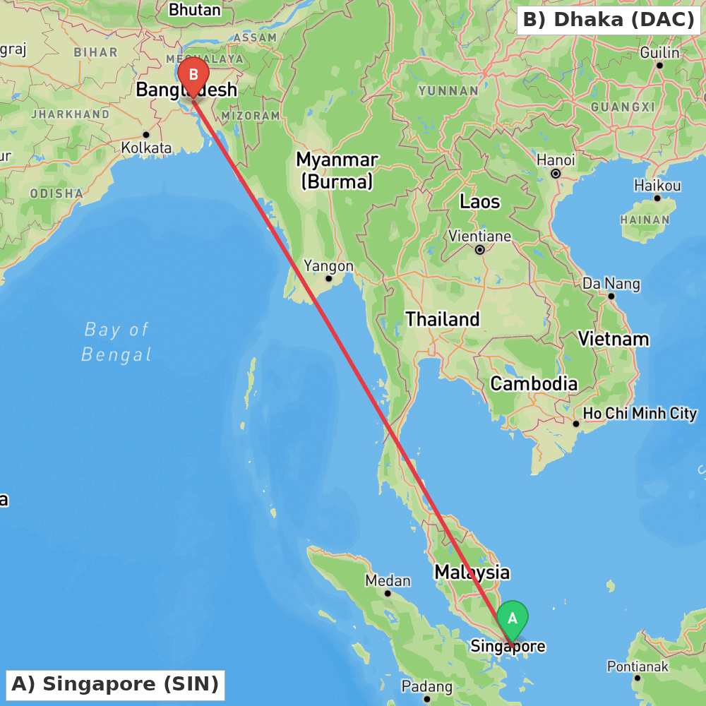 Flight route map from Singapore to Dhaka