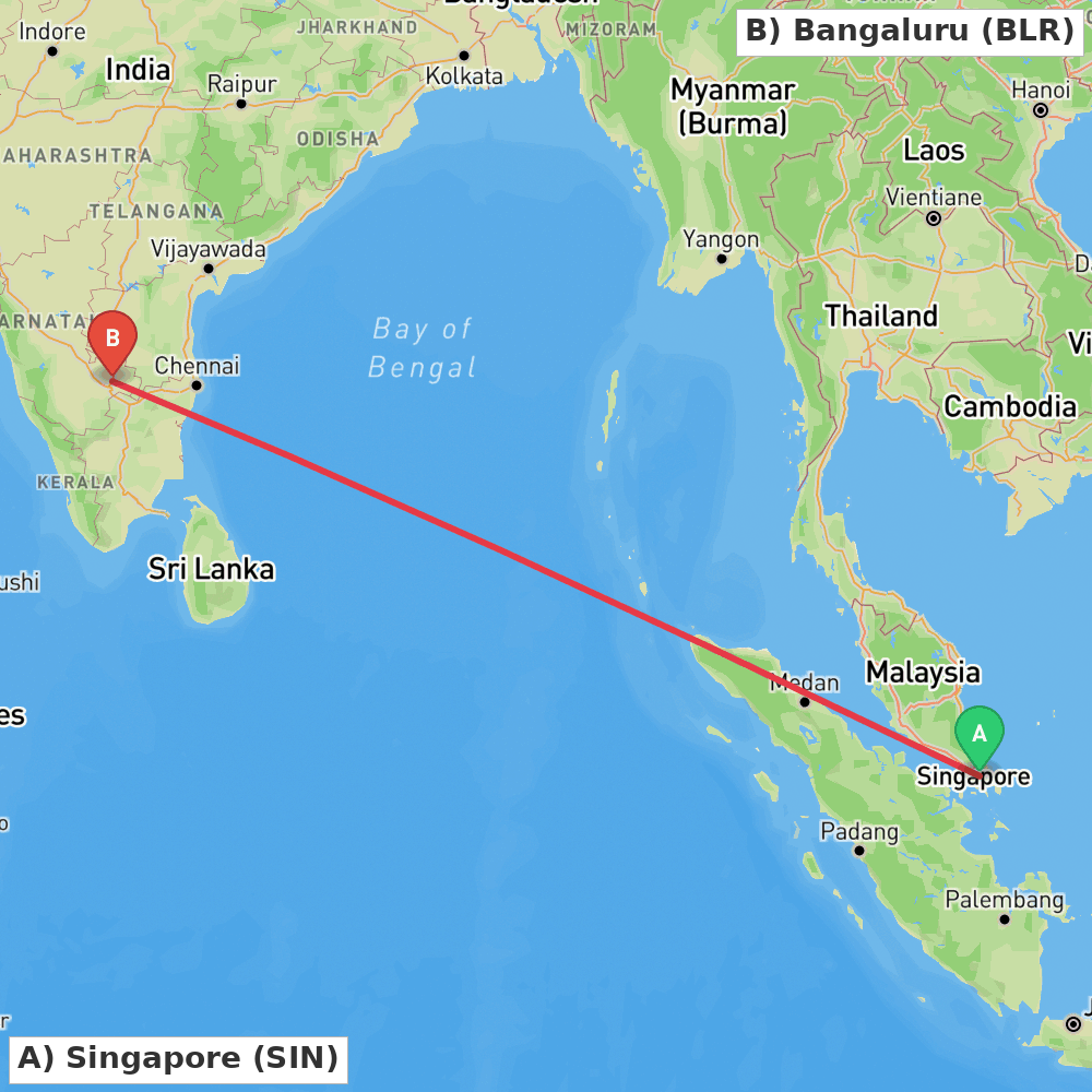 Flight route map from Singapore to Bangaluru