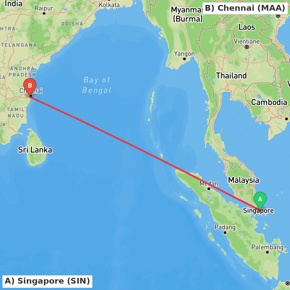 Flight route map from Singapore to Chennai
