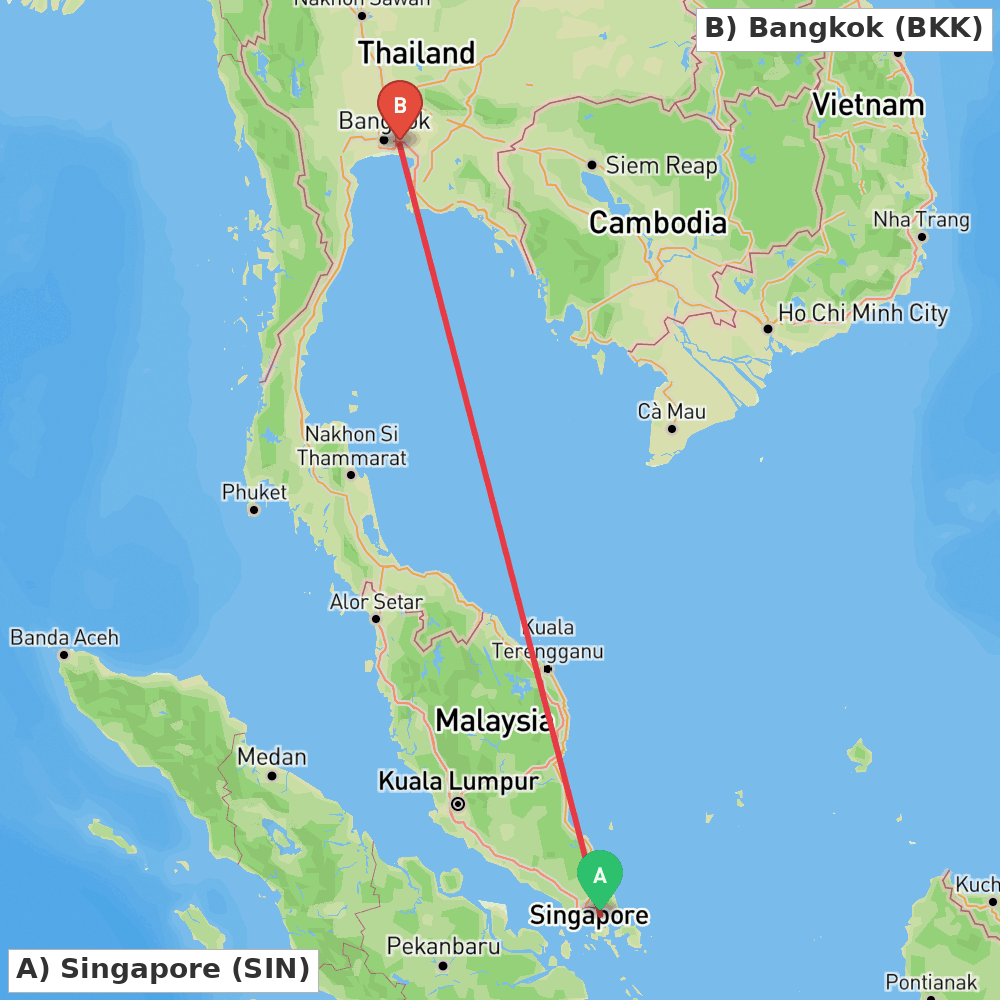 Flight route map from Singapore to Bangkok