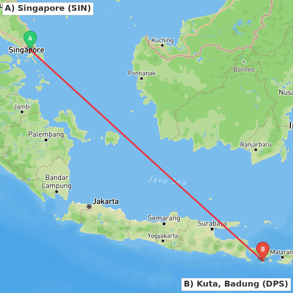 Flight route map from Singapore to Kuta, Badung