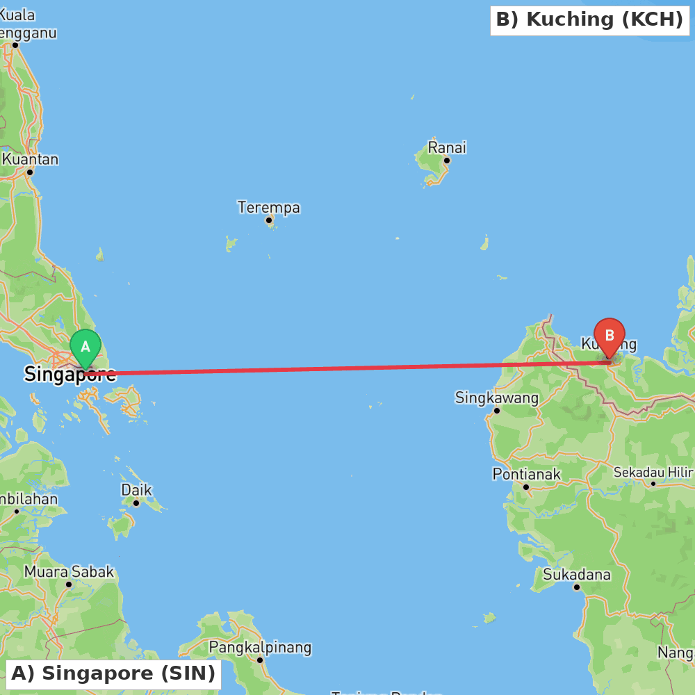 Flight route map from Singapore to Kuching