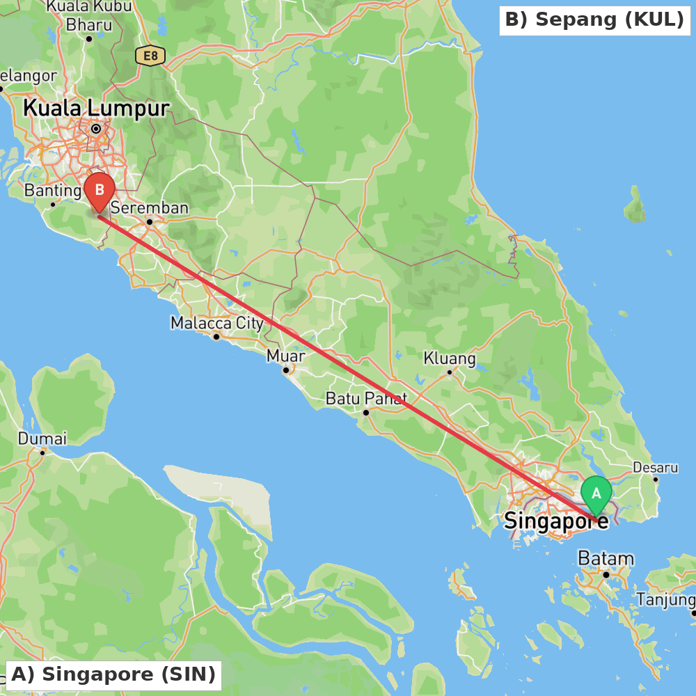 Flight route map from Singapore to Sepang