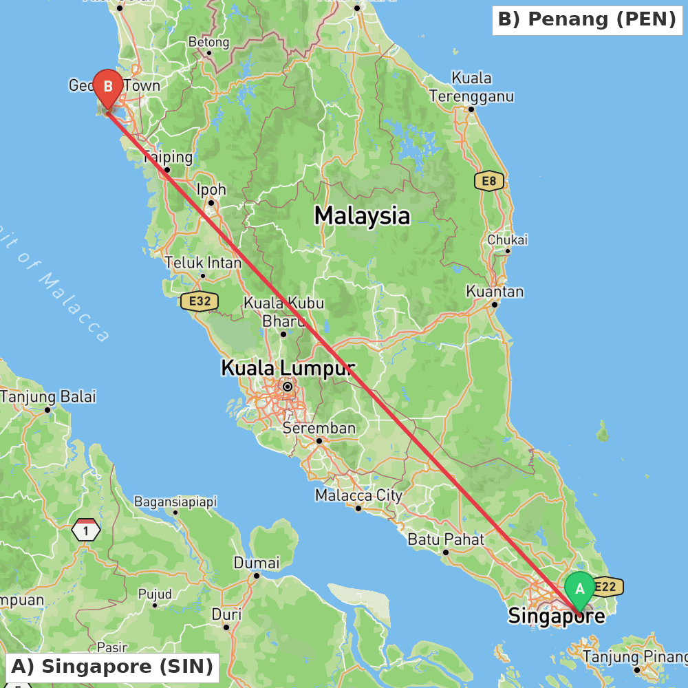 Flight route map from Singapore to Penang