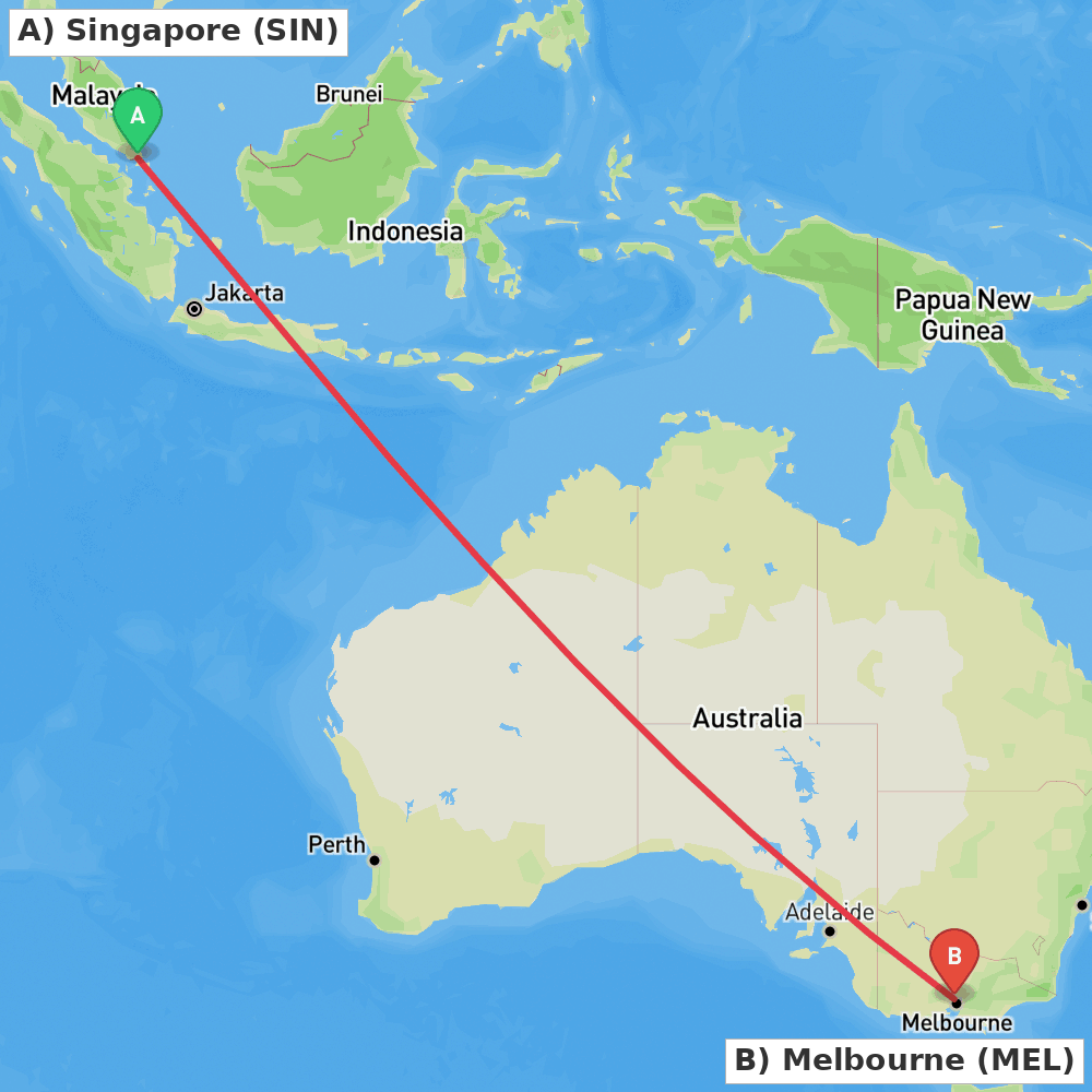 Flight route map from Singapore to Melbourne