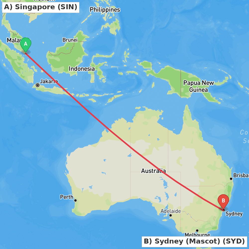 Flight route map from Singapore to Sydney (Mascot)