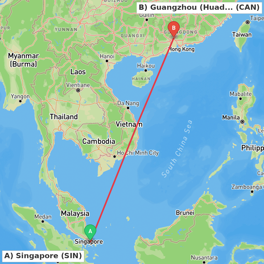 Flight route map from Singapore to Guangzhou (Huadu)