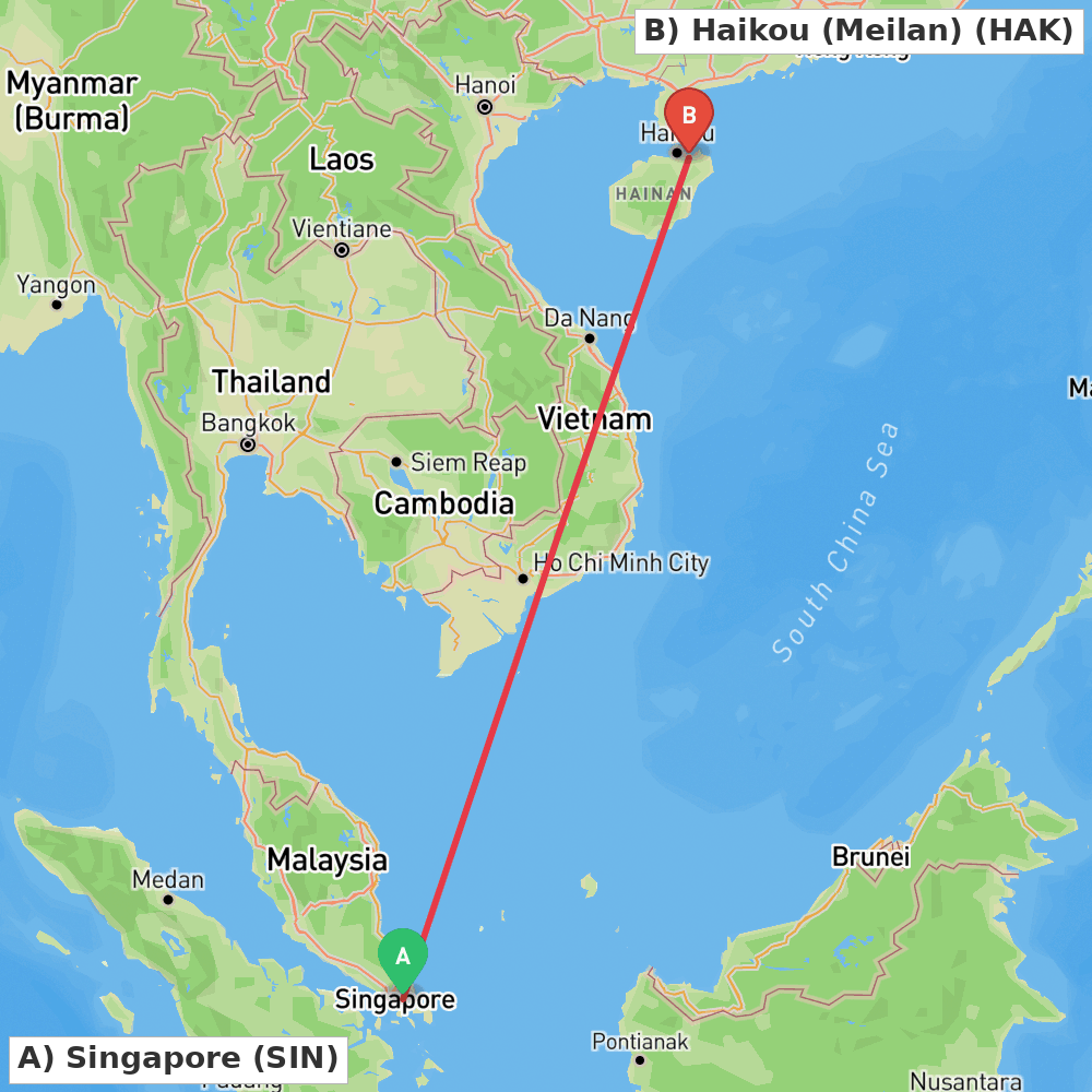 Flight route map from Singapore to Haikou (Meilan)