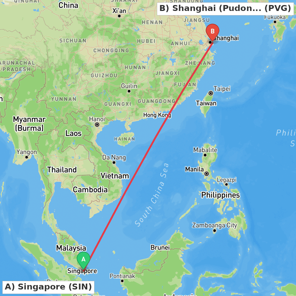 Flight route map from Singapore to Shanghai (Pudong)