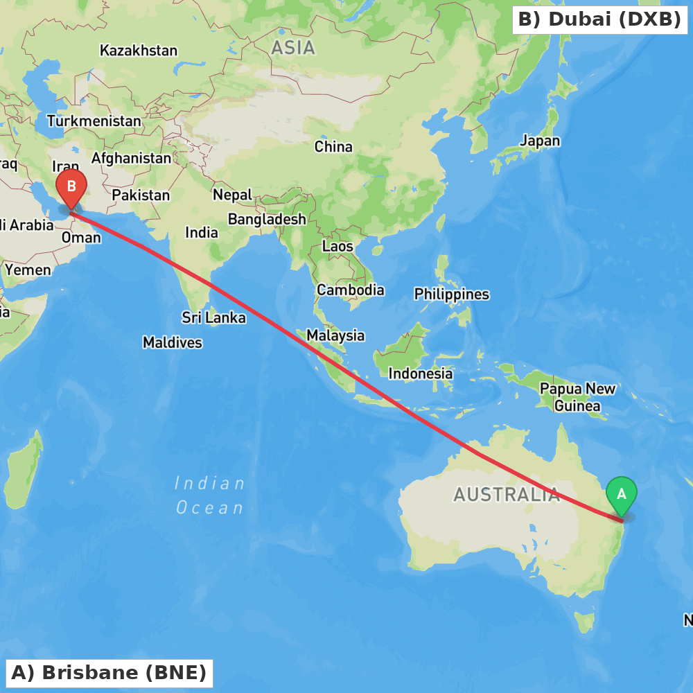 Flight route map from Brisbane to Dubai