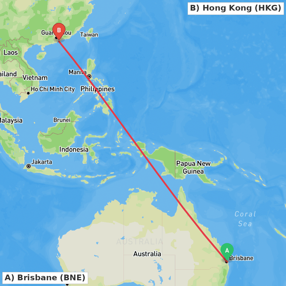 Flight route map from Brisbane to Hong Kong