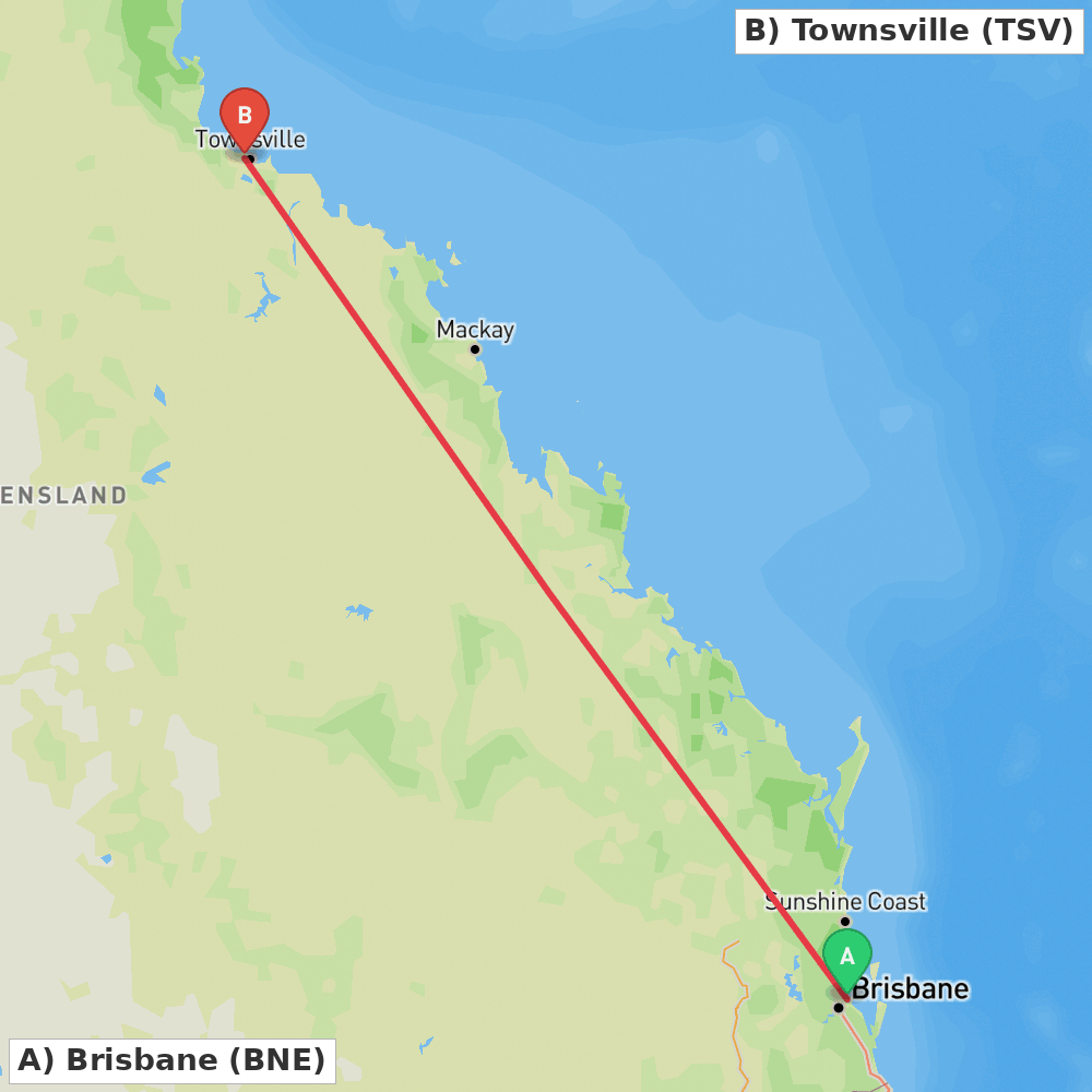 Flight route map from Brisbane to Townsville
