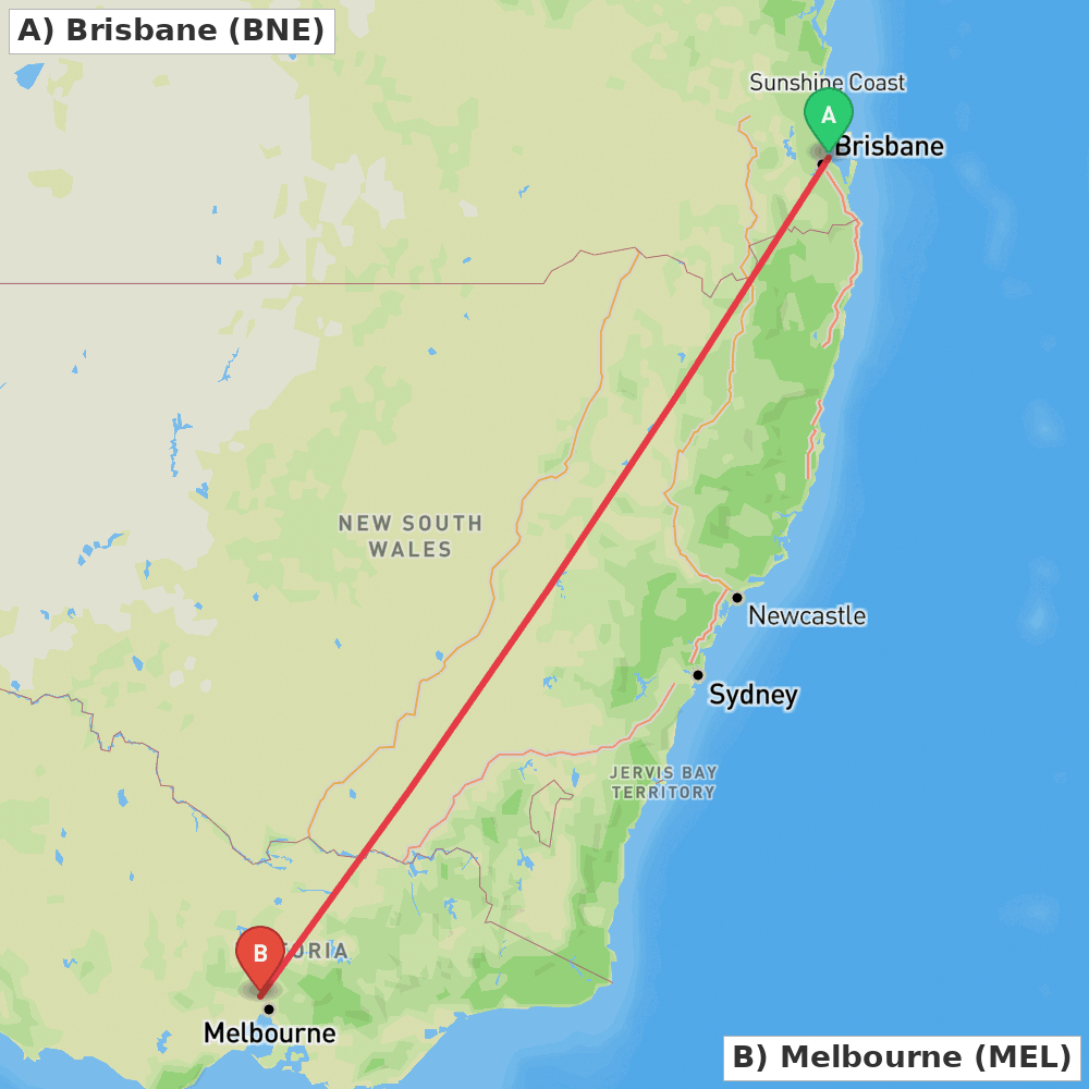 Flight route map from Brisbane to Melbourne