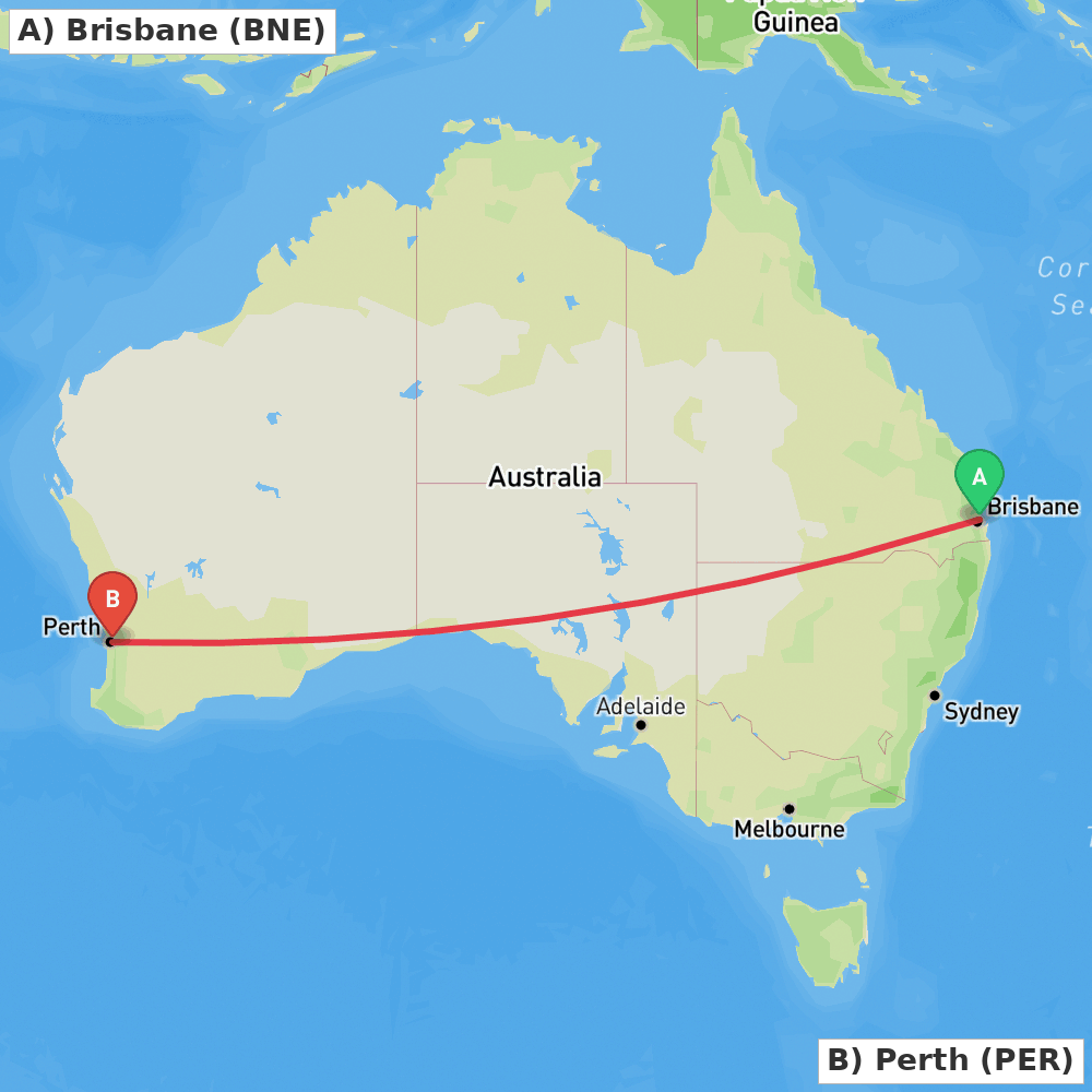 Flight route map from Brisbane to Perth