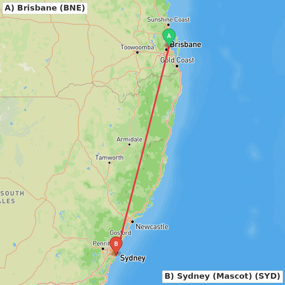 Flight route map from Brisbane to Sydney (Mascot)