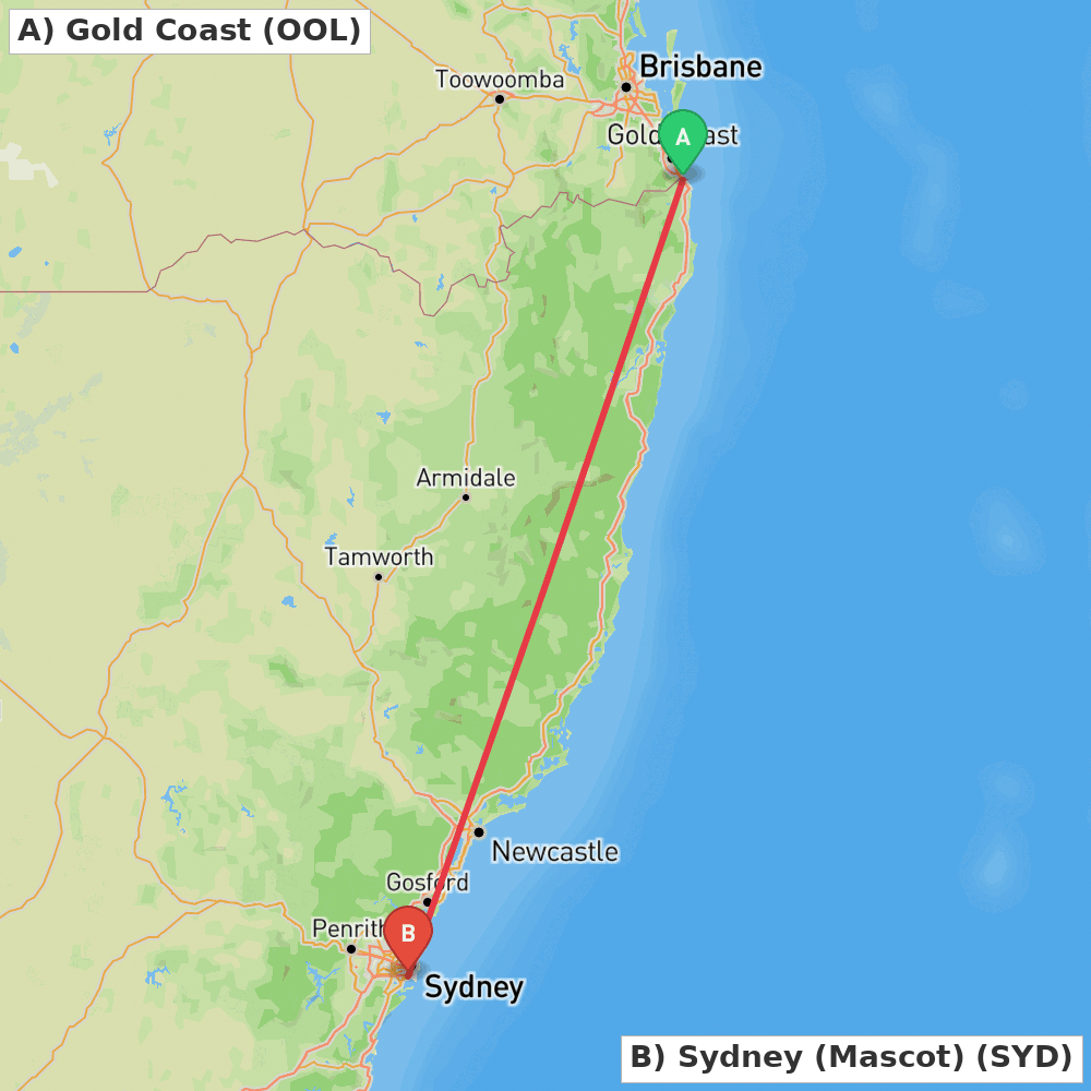 Flight route map from Gold Coast to Sydney (Mascot)