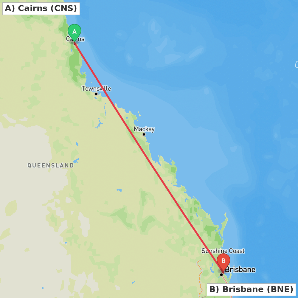 Flight route map from Cairns to Brisbane