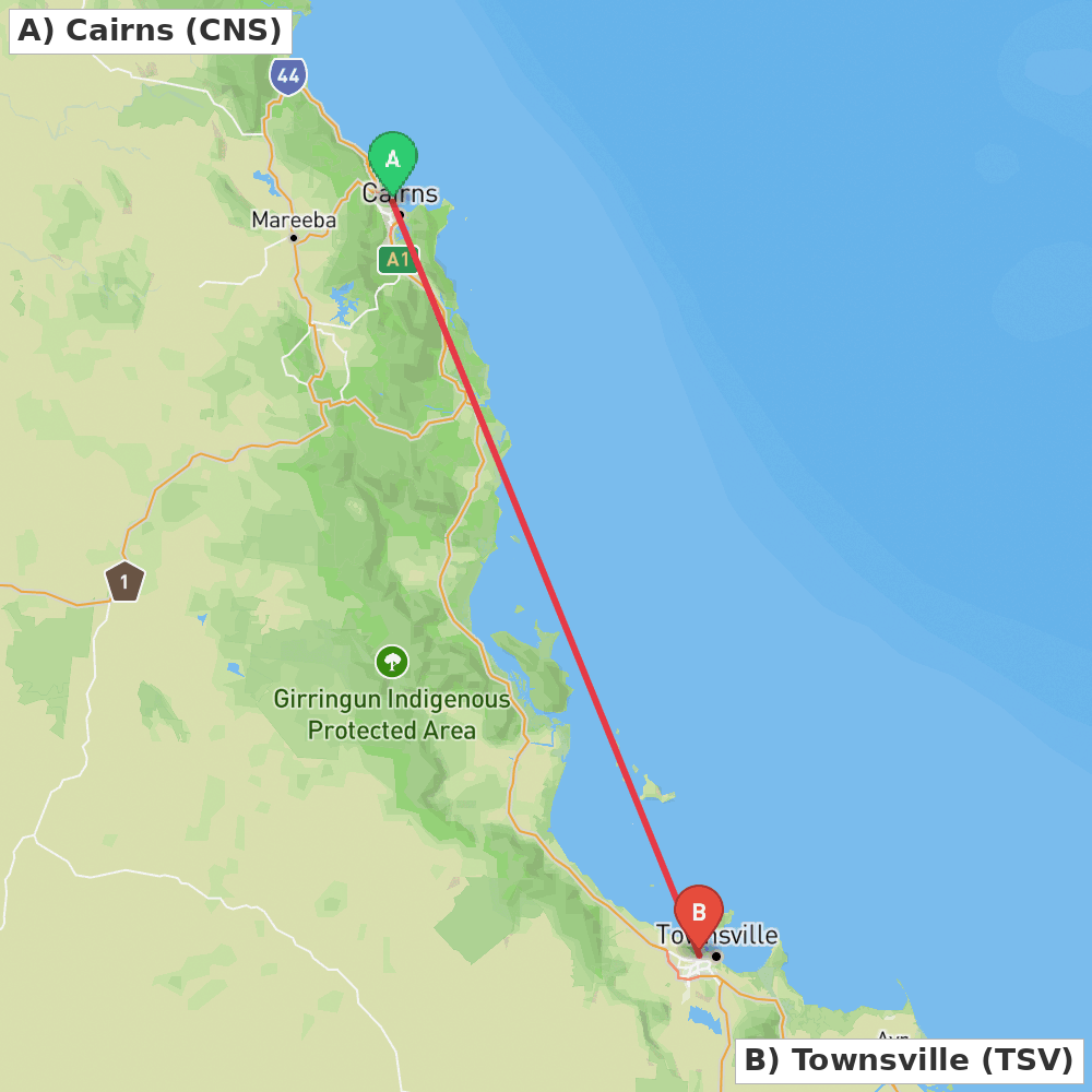 Flight route map from Cairns to Townsville