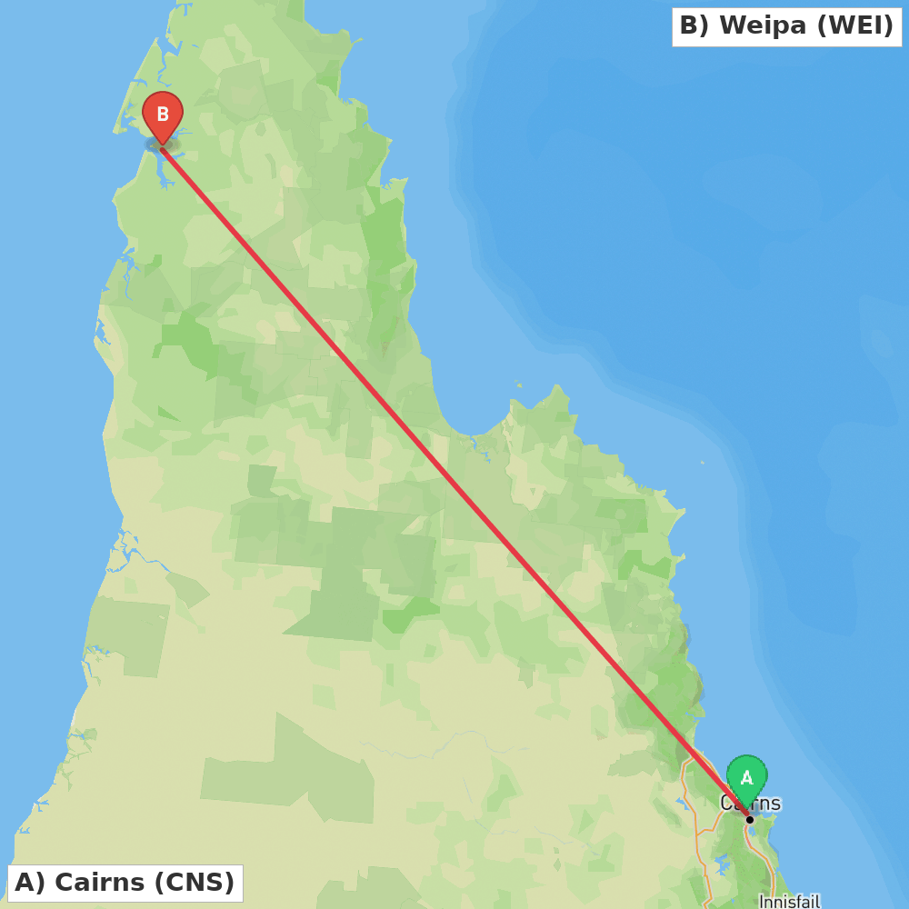Flight route map from Cairns to Weipa