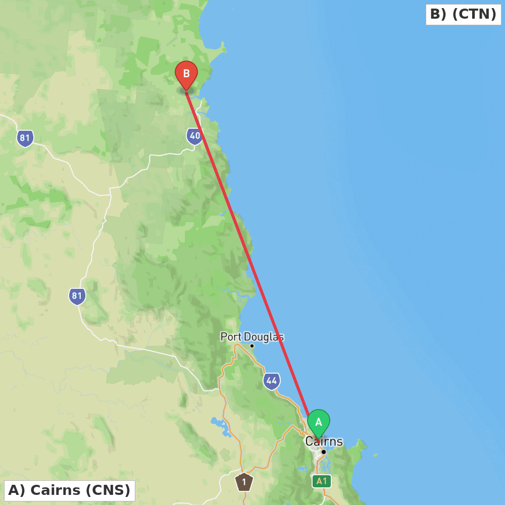 Flight route map from Cairns to Cooktown