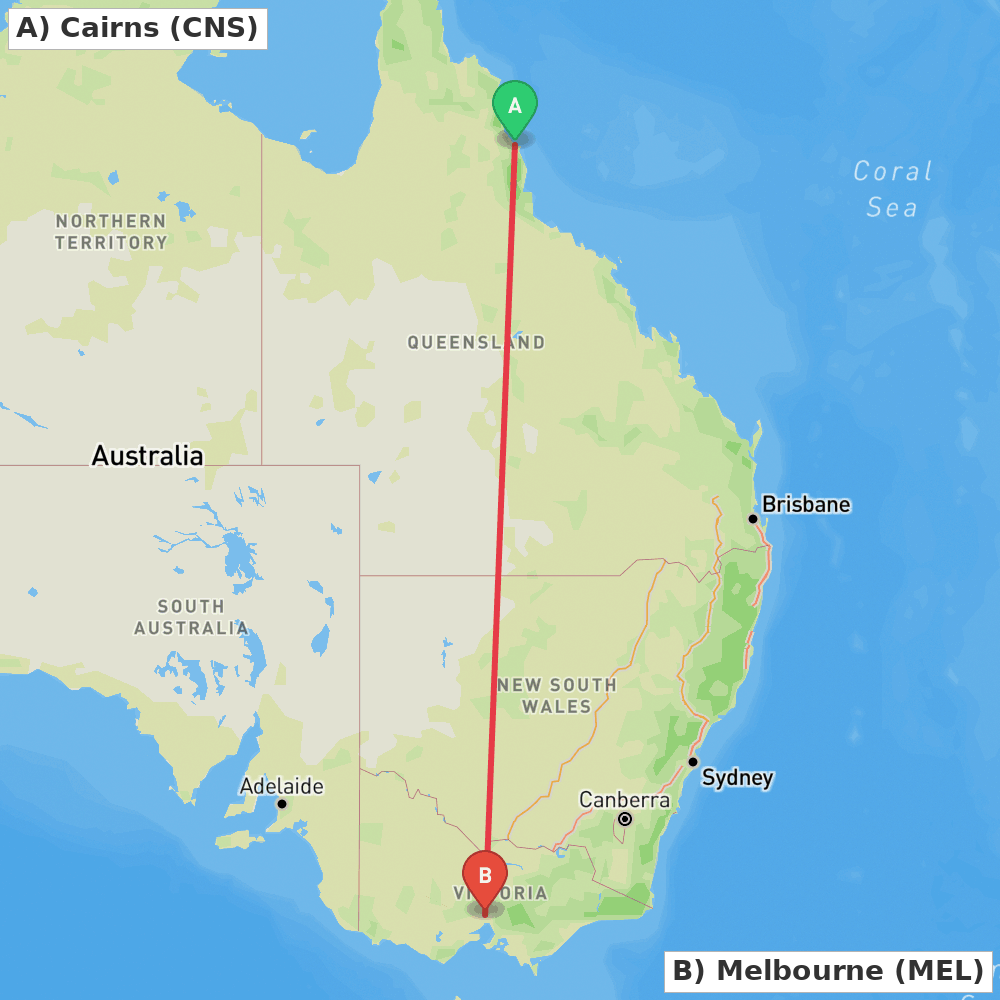 Flight route map from Cairns to Melbourne