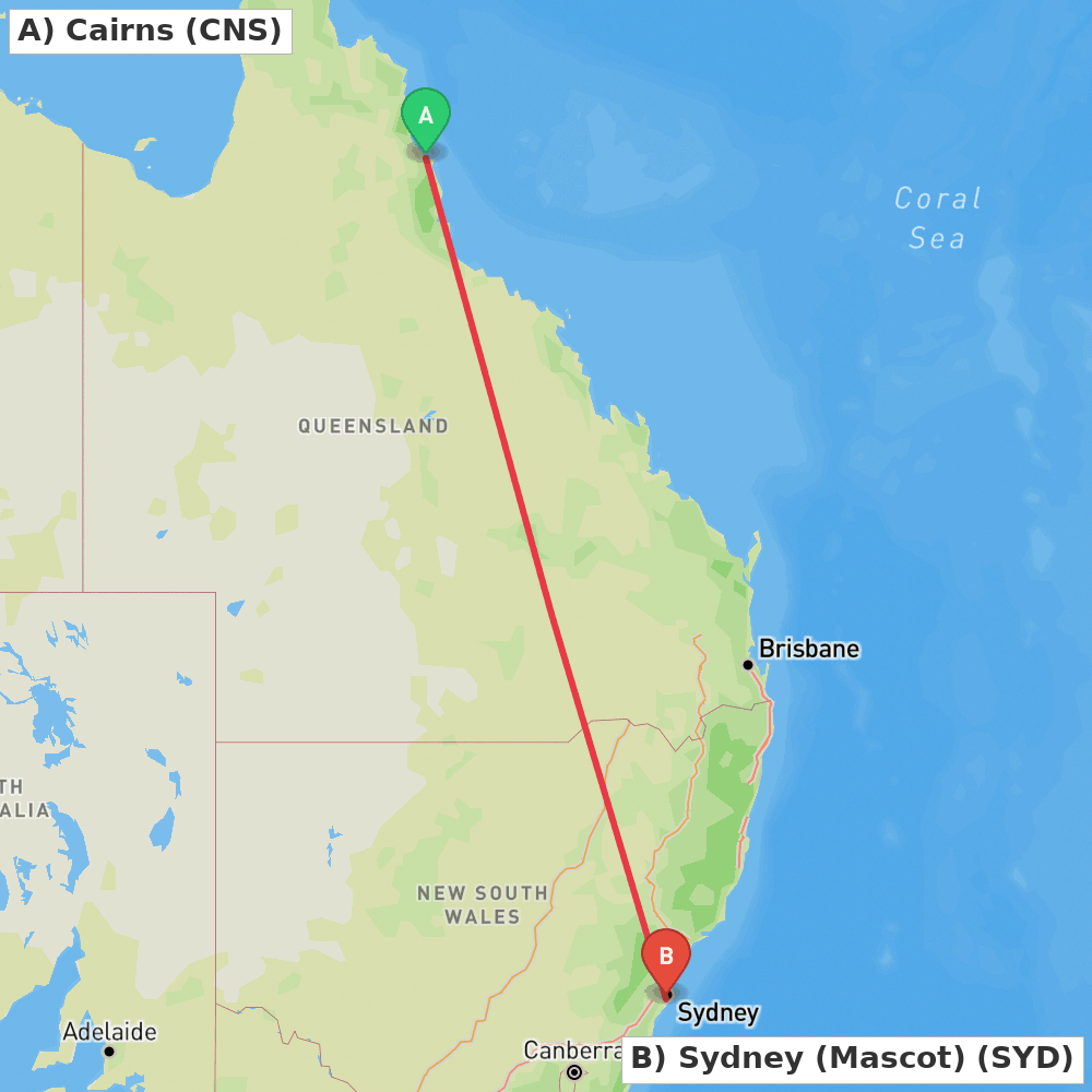 Flight route map from Cairns to Sydney (Mascot)