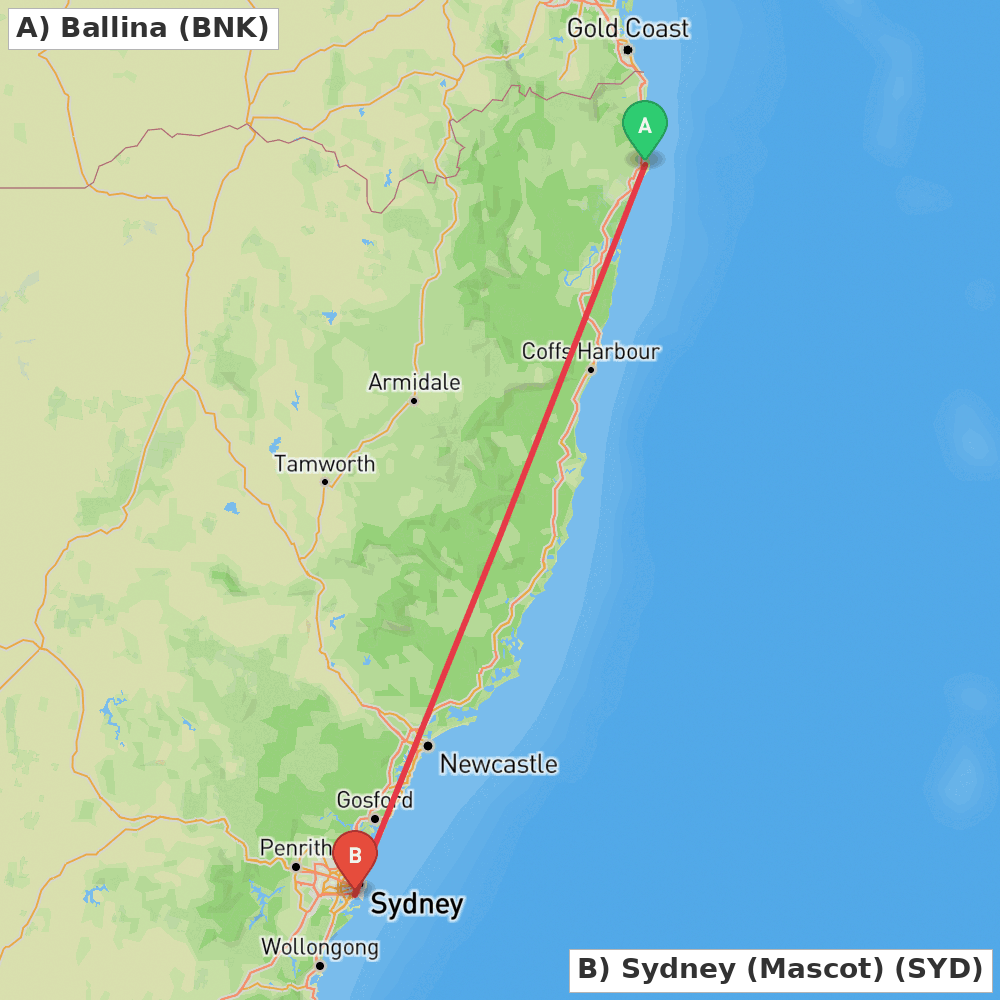 Flight route map from Ballina to Sydney (Mascot)