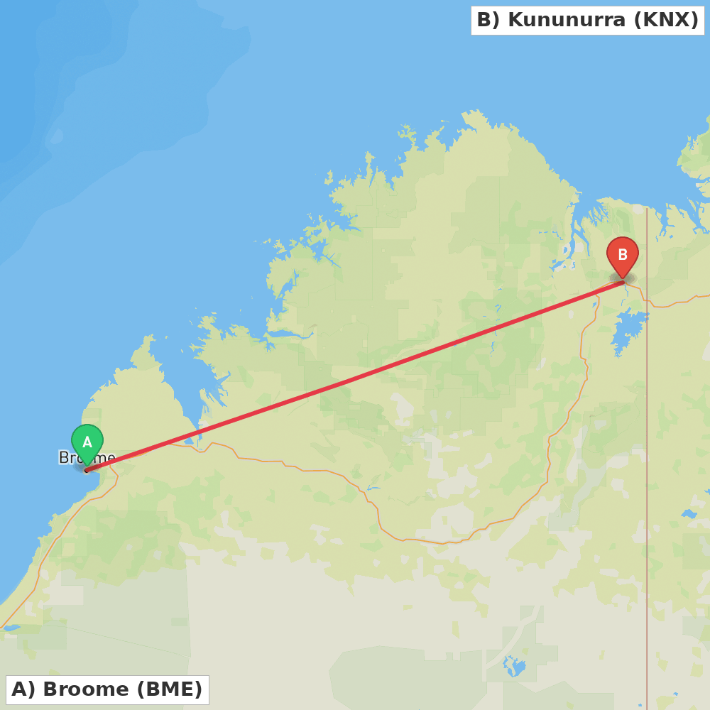 Flight route map from Broome to Kununurra