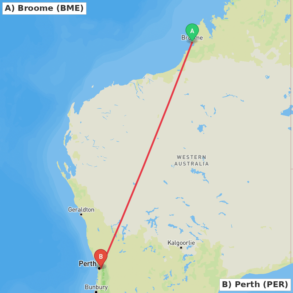 Flight route map from Broome to Perth