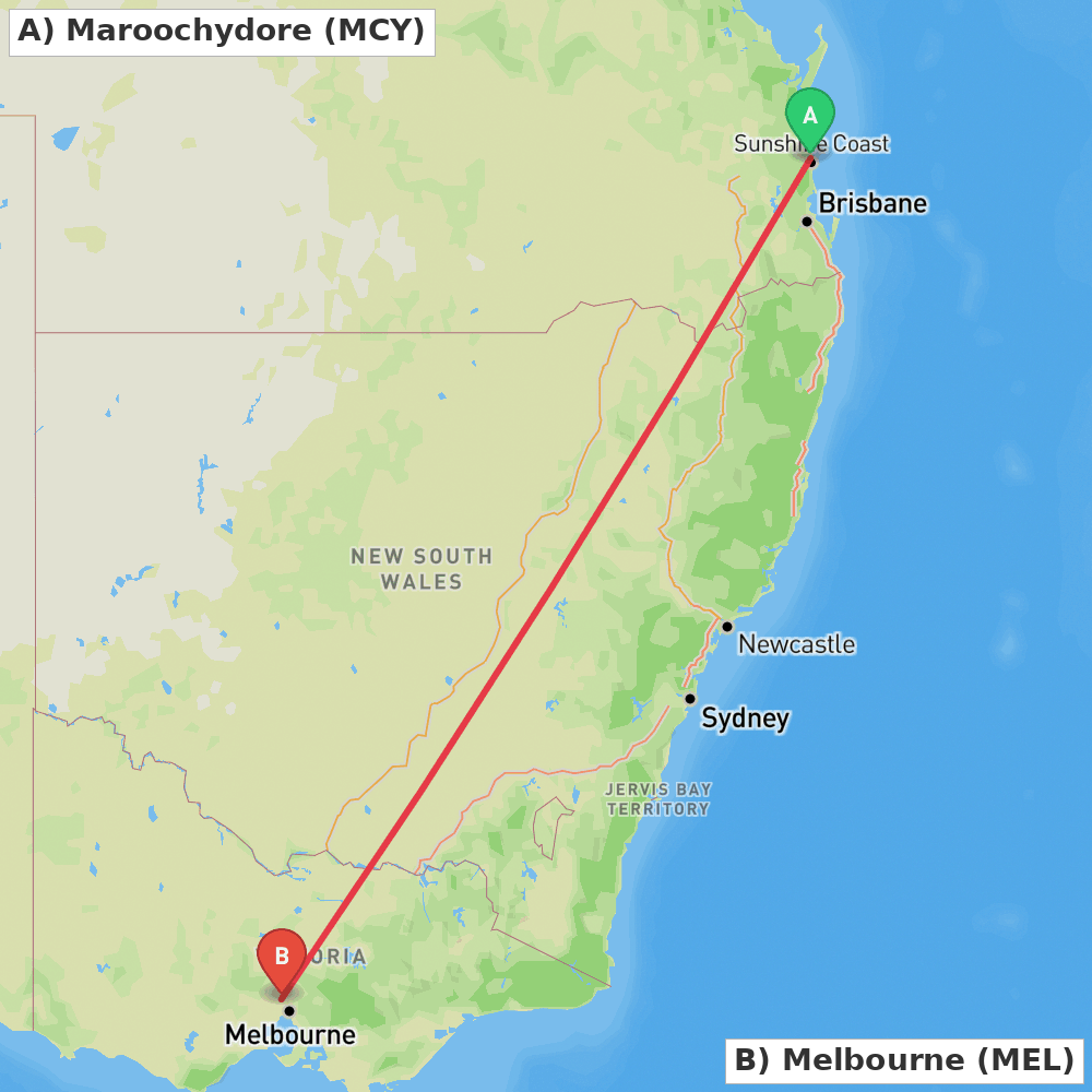 Flight route map from Maroochydore to Melbourne
