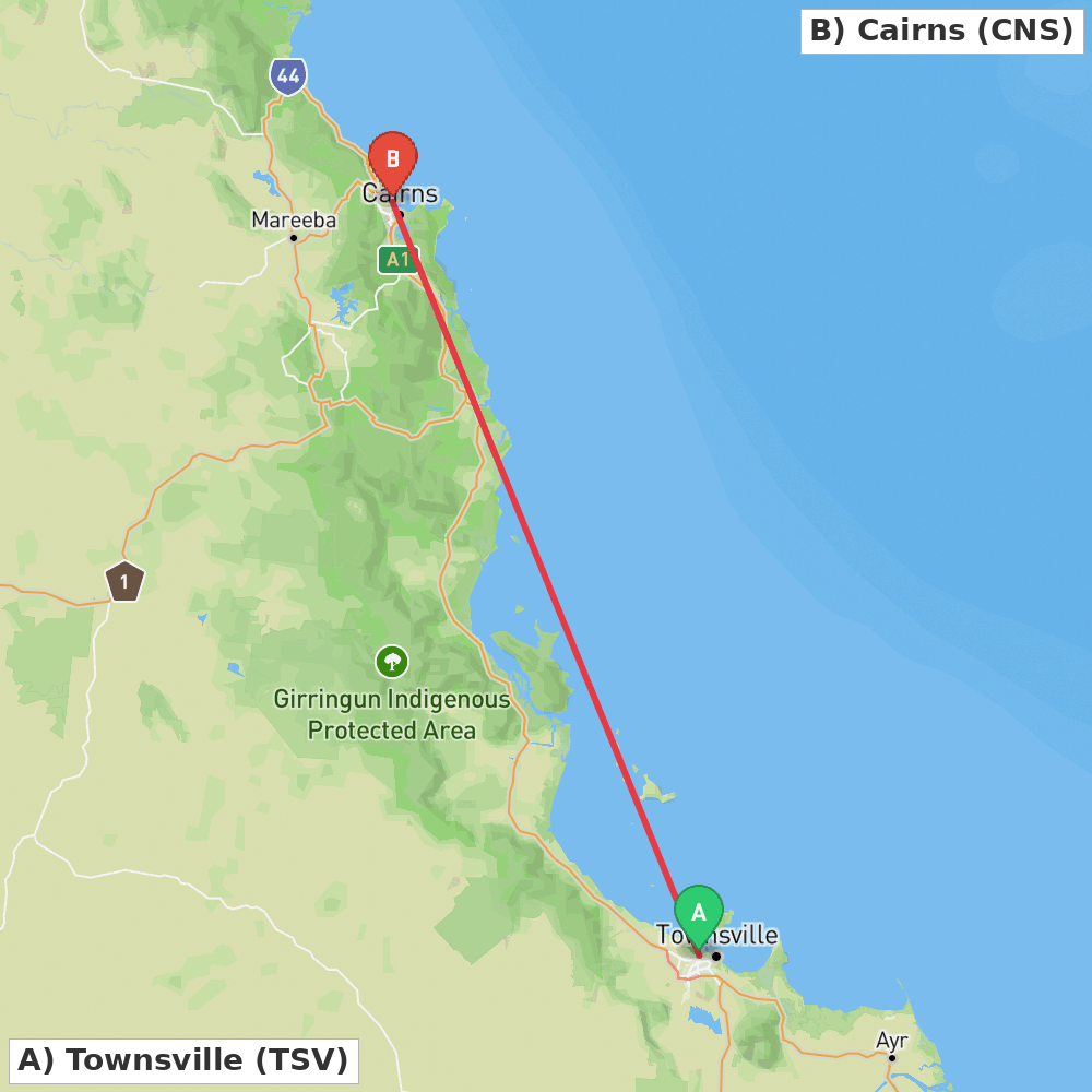 Flight route map from Townsville to Cairns