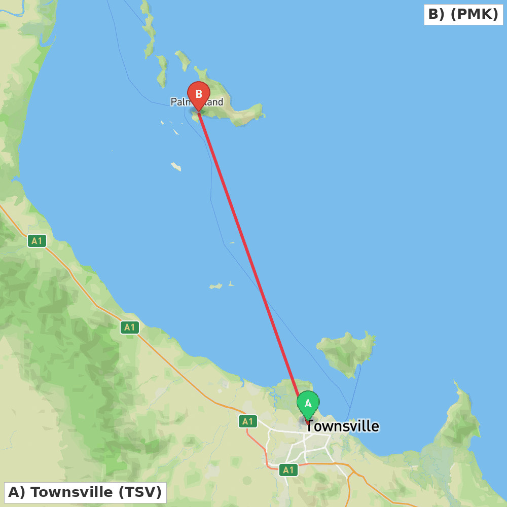 Flight route map from Townsville to Palm Island Airport