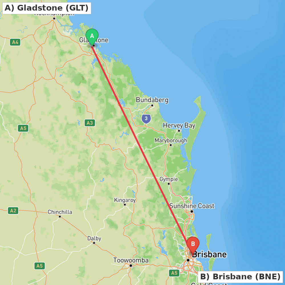 Flight route map from Gladstone to Brisbane