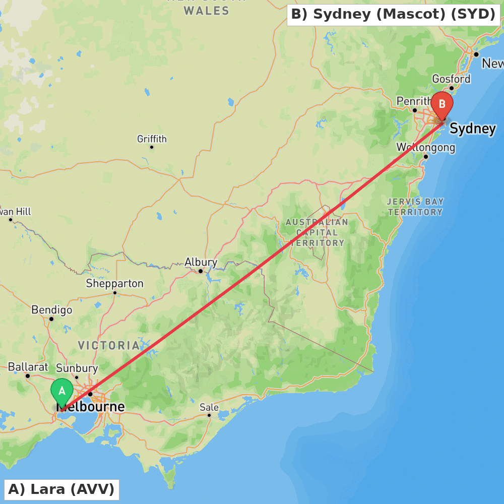 Flight route map from Lara to Sydney (Mascot)