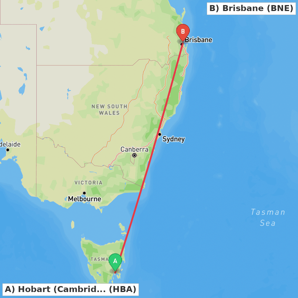 Flight route map from Hobart (Cambridge) to Brisbane