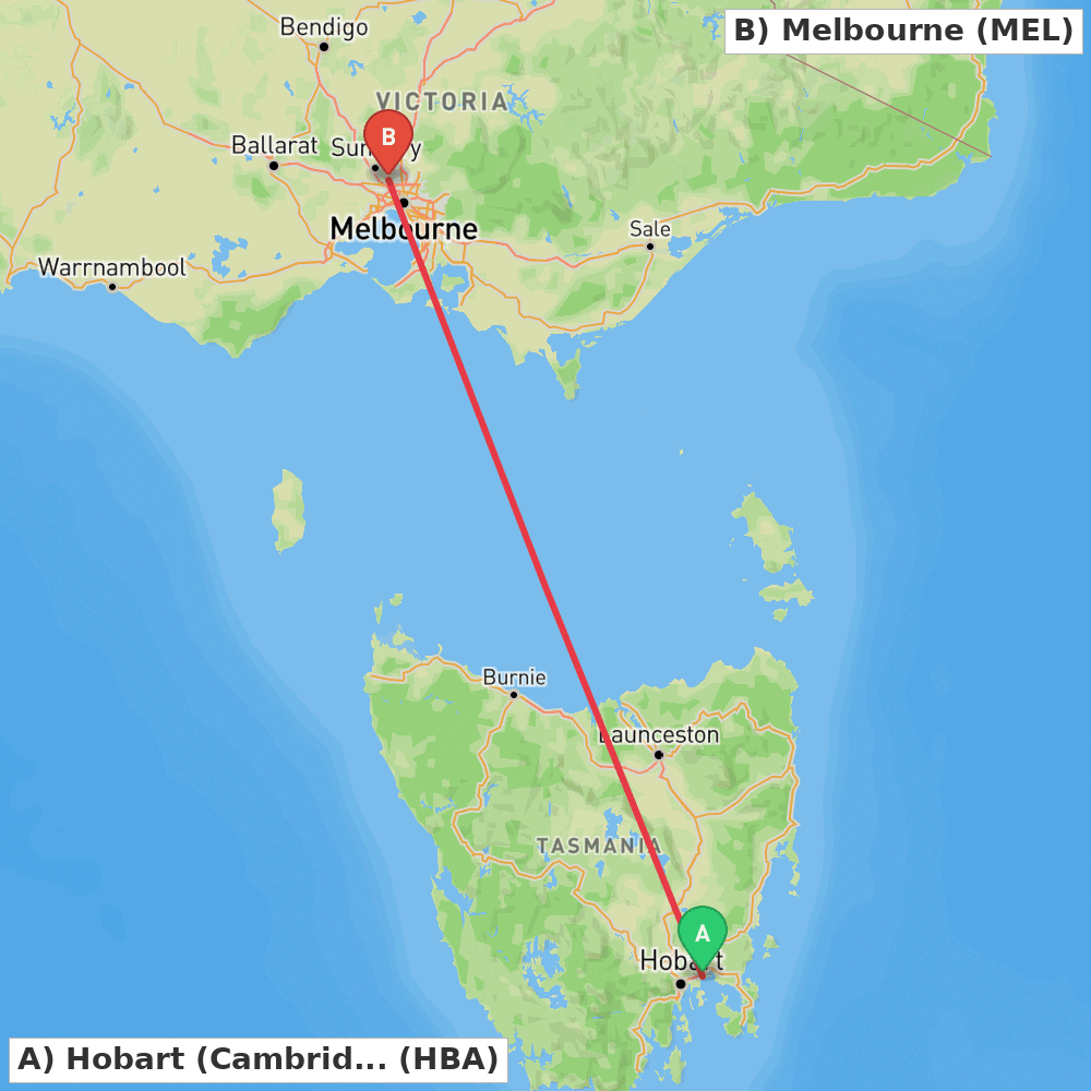 Flight route map from Hobart (Cambridge) to Melbourne