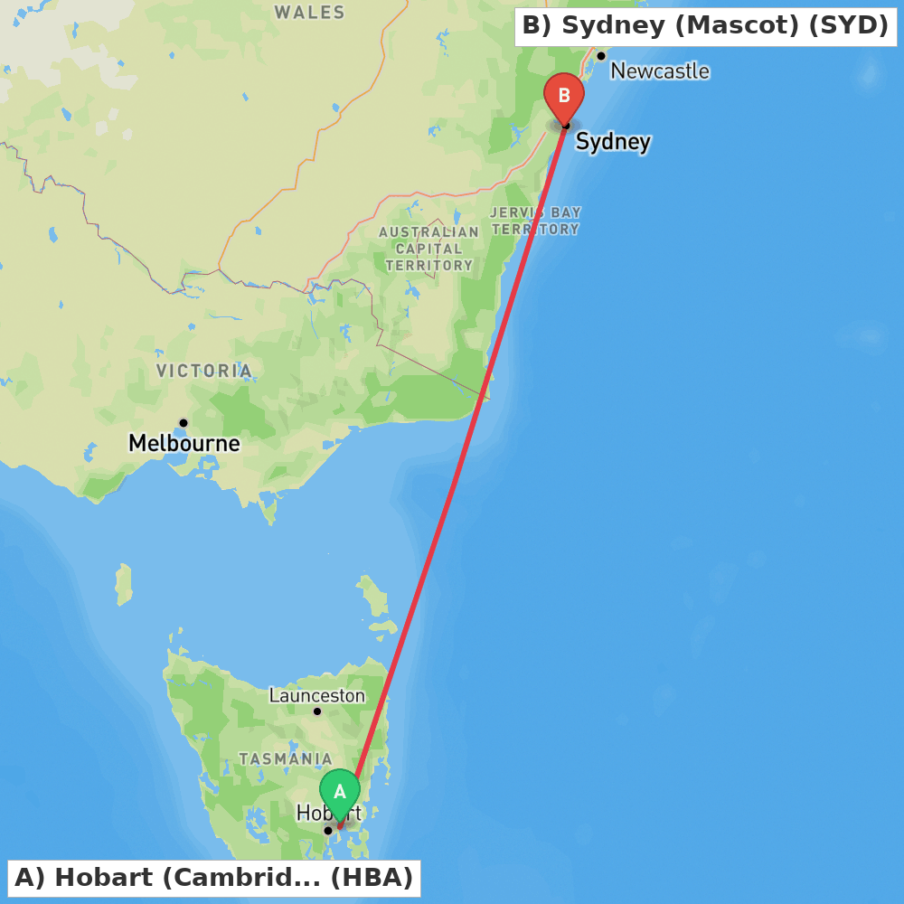 Flight route map from Hobart (Cambridge) to Sydney (Mascot)